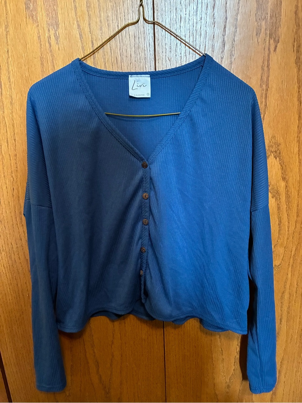 Olivia Rae Navy Ribbed V-Neck Button Top